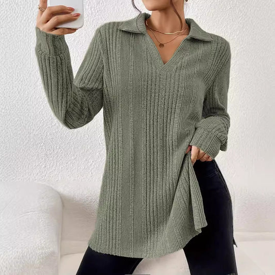 Damen Langarm Shirt mit strukturiertem V-Ausschnitt und schmalen Rippdetails R&B