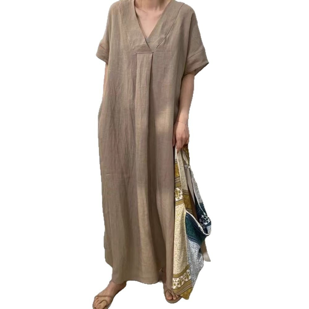 Damen Langes Leinenkleid mit V-Ausschnitt und lässigem Schnitt R&B