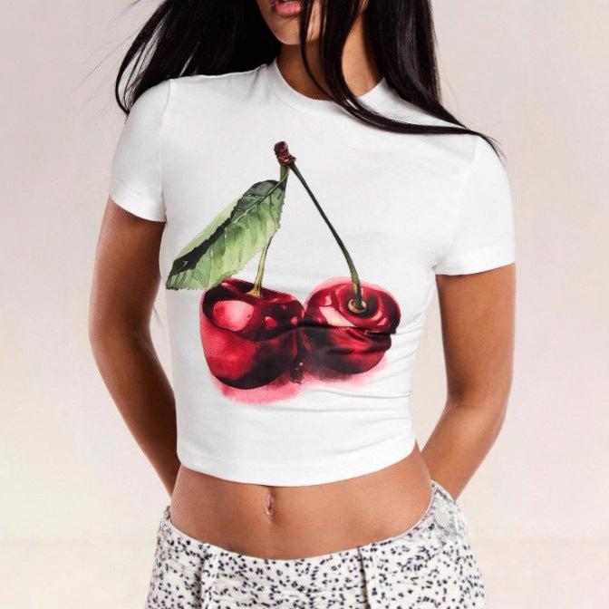 Damen Crop-T-Shirt mit fruchtigem Kirschmotiv und figurbetontem Schnitt R&B