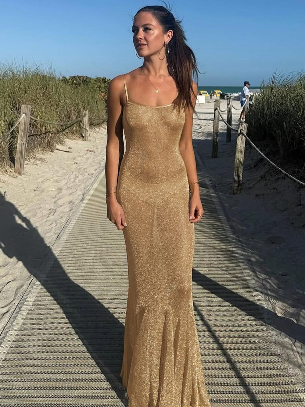 Damen Elegantes Maxikleid mit schwingendem Rock und feinen Spaghettiträgern R&B