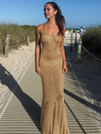 Damen Elegantes Maxikleid mit schwingendem Rock und feinen Spaghettiträgern R&B