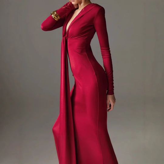 Damen Elegantes Langarm-Maxi-Kleid mit raffiniertem Knoten-Detail und figurformendem Design R&B