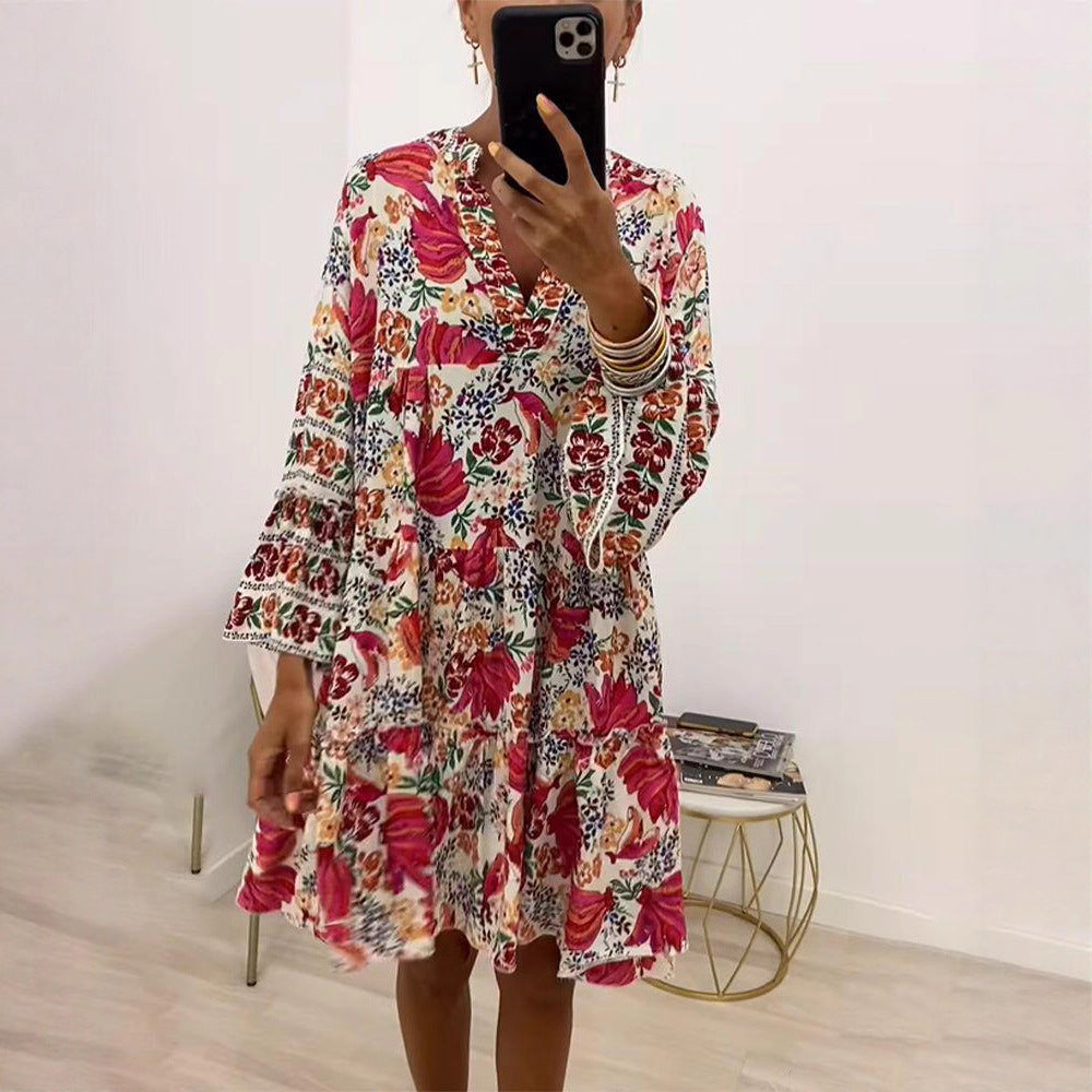 Damen nan florales Volant-Minikleid im Boho‑Stil mit V‑Ausschnitt und stufiger Silhouette R&B