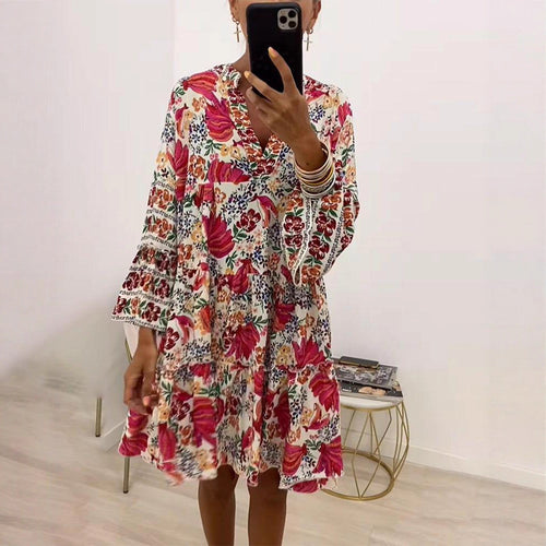 Damen nan florales Volant-Minikleid im Boho‑Stil mit V‑Ausschnitt und stufiger Silhouette R&B