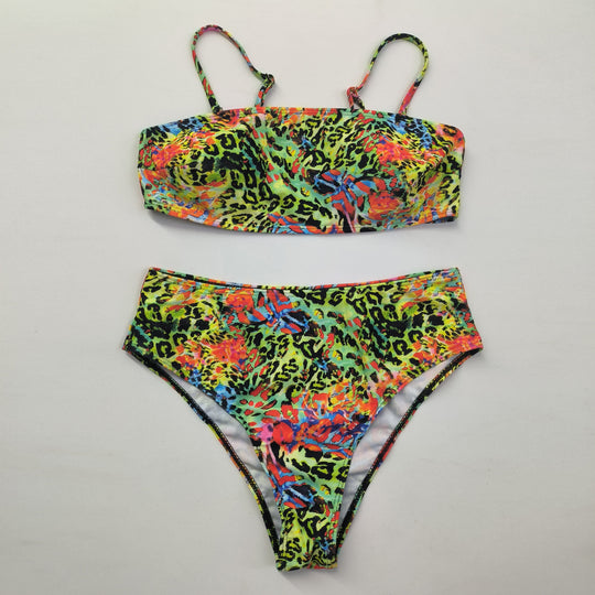 Damen Hochgeschnittener Bikini mit farbenfrohem Leopardenmuster R&B