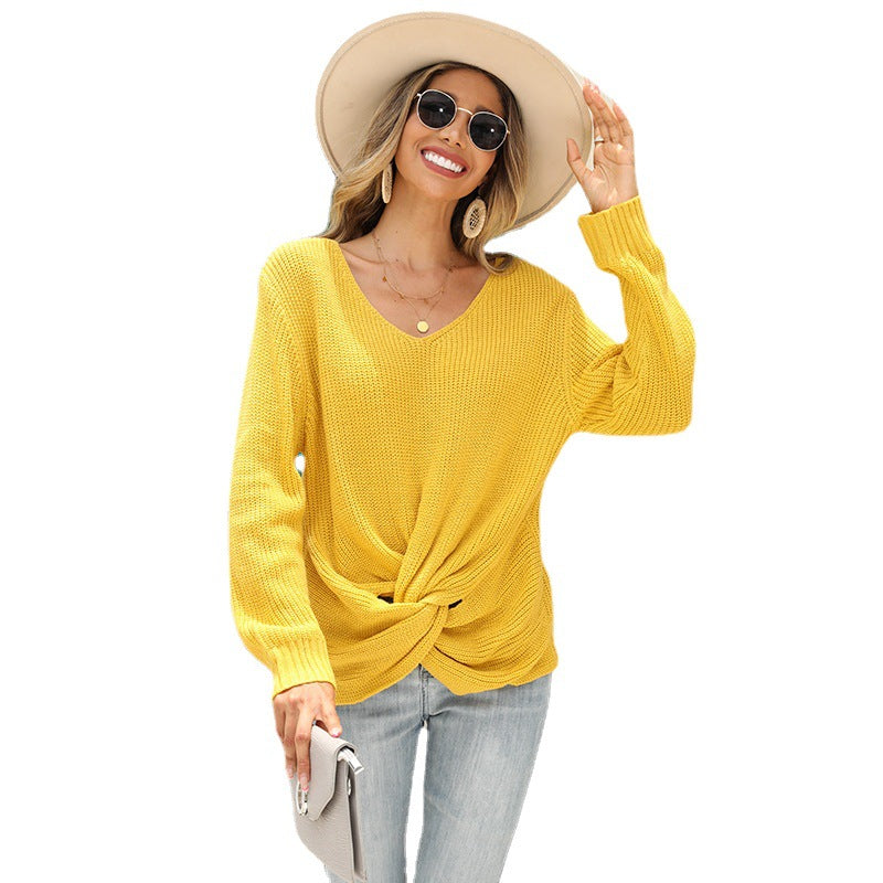 Damen lässiger V-Ausschnit Pullover mit knoten Detail R&B