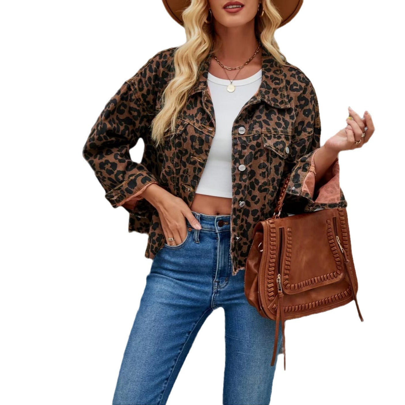 Damen Jeansjacke mit Leopardenmuster und lässigem Schnitt R&B