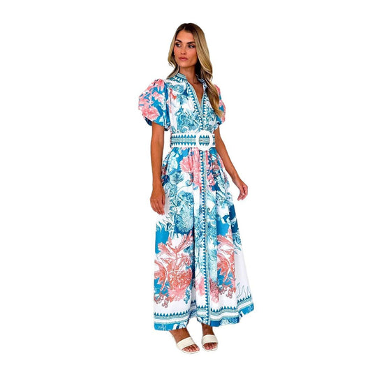 Damen Maxikleid mit hohem Kragen und eleganten Puffärmeln R&B