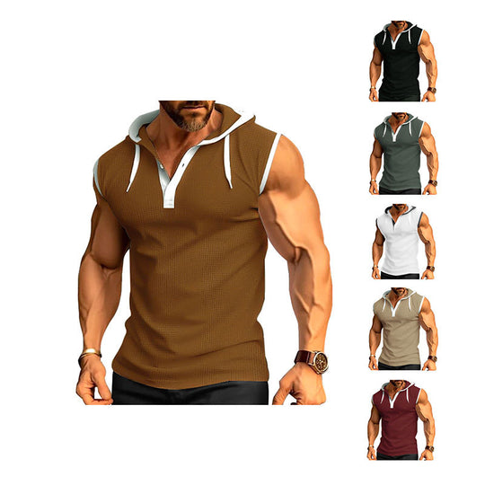 Herren nan ärmelloses Kapuzen-Sportshirt mit Meshstruktur und V-Ausschnitt R&B