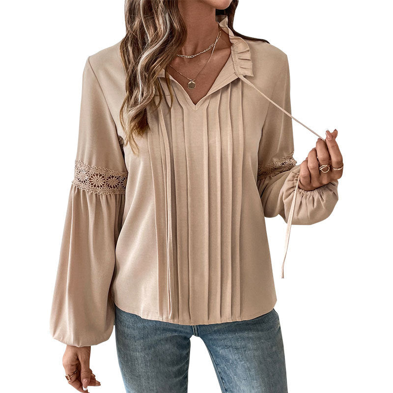 Damen Bluse mit feinen Falten und Spitze R&B
