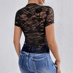 Damen nan kurzes Spitzenoberteil mit floraler Ajour-Spitze, Stehkragen und eingearbeitetem Bustier R&B