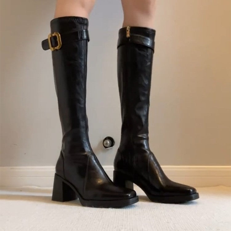 Damen Stiefel mit elegantem Blockabsatz und modischem Schnallenverschluss