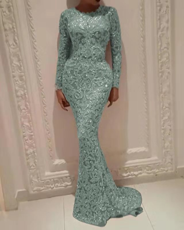 Damen Glamouröses Hochzeitskleid mit funkelnden Pailletten und langen Ärmeln R&B