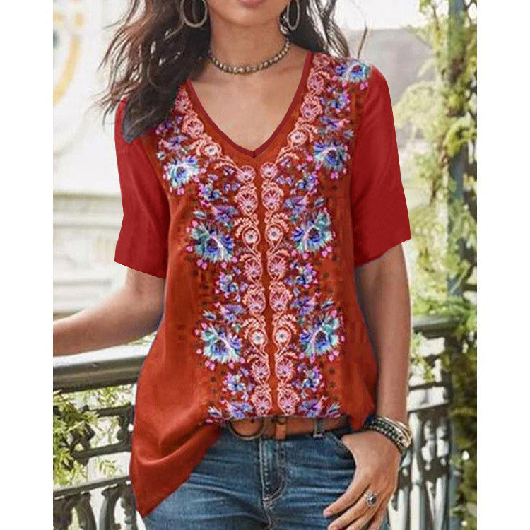 Damen V-Ausschnitt Bluse mit floralen Stickereien und bequemen kurzen Ärmeln R&B