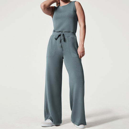 Damen nan ärmelloser Strick-Overall mit weitem Palazzo-Bein, Kordelbund und aufgesetzten Taschen R&B