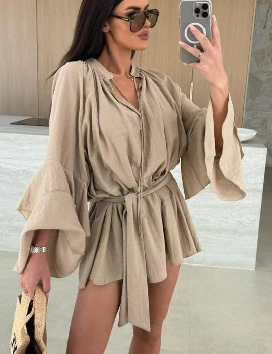 Damen luftige Strandbluse mit voluminösen Ärmeln und Taillengürtel R&B