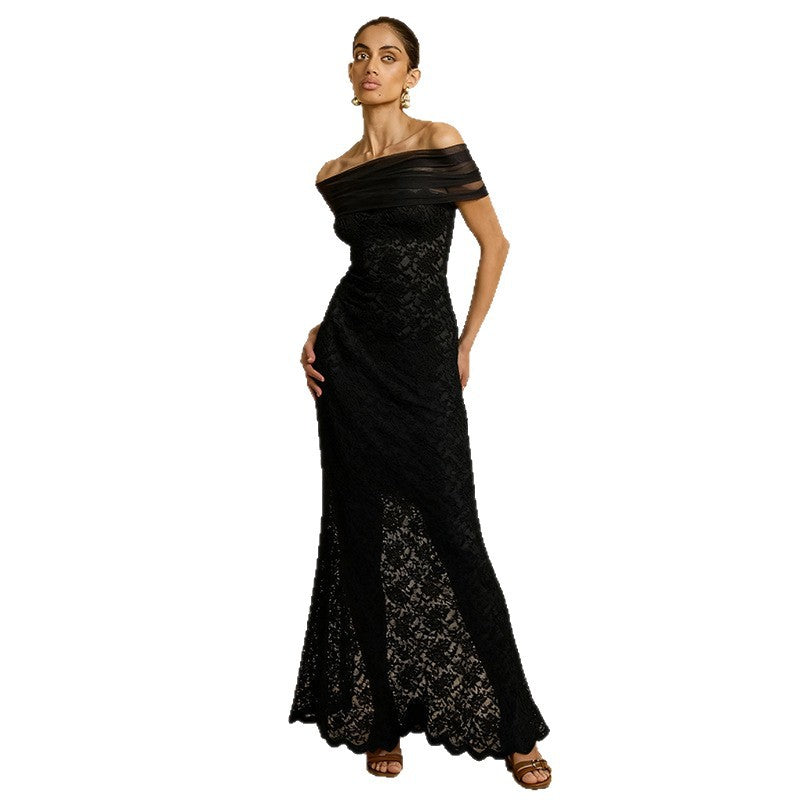 Damen Elegantes Spitzenabendkleid mit schulterfreiem Design und raffiniertem Schlitz R&B