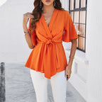 Damen Wickelbluse mit modernen Ärmeln und Knotendetail R&B
