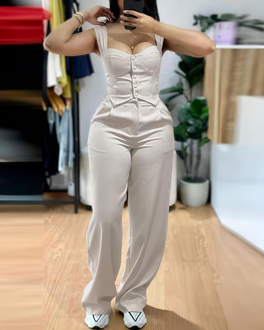 Damen Jumpsuit mit figurbetontem Oberteil und weiten Beinen R&B