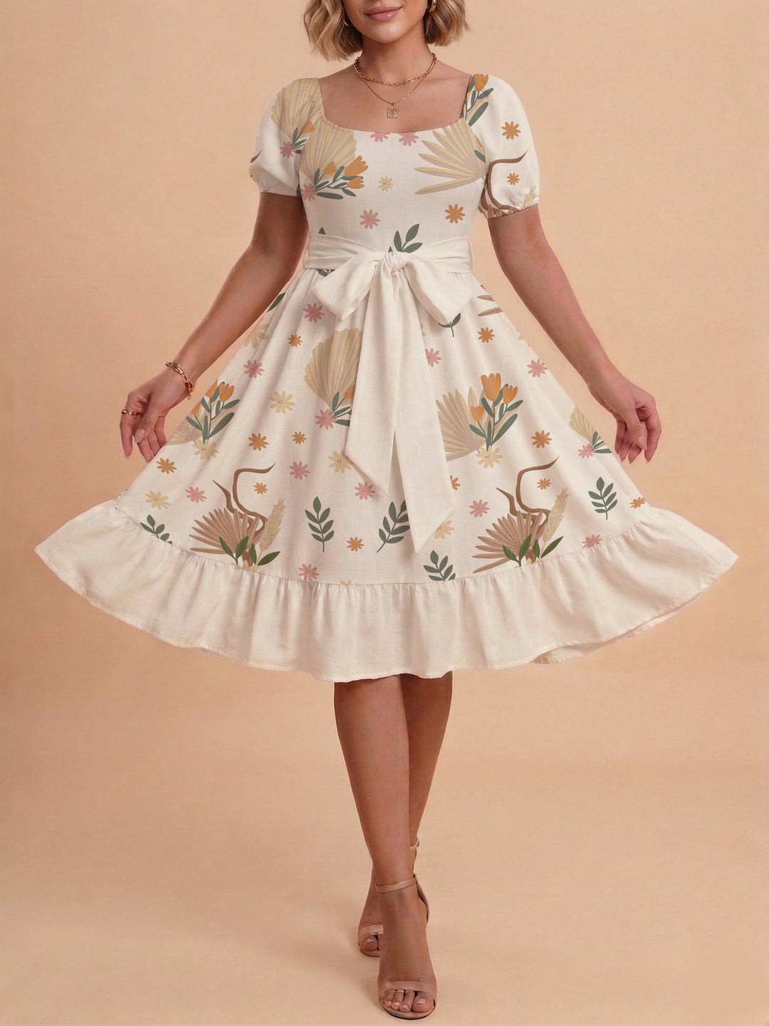 Damen Sommerliches Blumenkleid mit taillierbarem Gürtel und voluminösen Ärmeln R&B