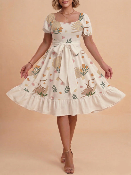 Damen Sommerliches Blumenkleid mit taillierbarem Gürtel und voluminösen Ärmeln R&B