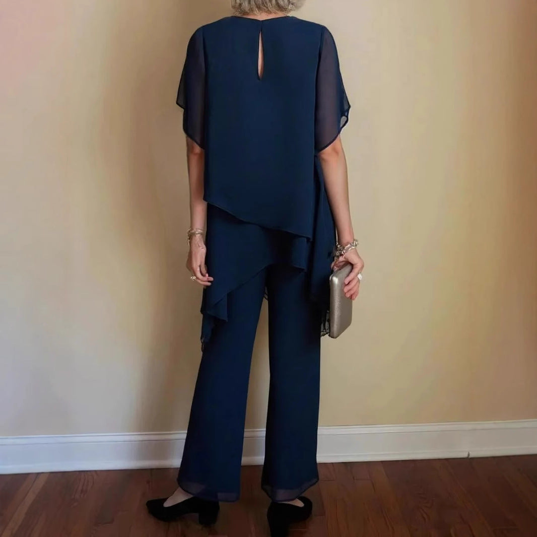 Damen elegantes Ensemble aus fließendem Oberteil und weitem Hose R&B