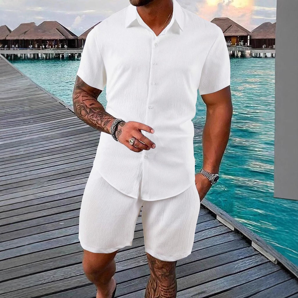 Herren lässiges Shorts-Set mit knöpfbarem Oberteil und elastischem Bund R&B