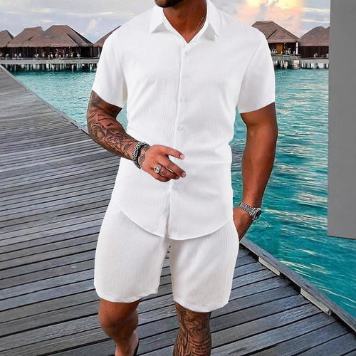 Herren lässiges Shorts-Set mit knöpfbarem Oberteil und elastischem Bund R&B