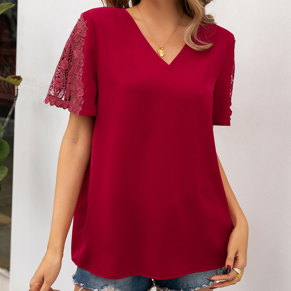 Damen Bluse mit Spitzenakzenten und V-Ausschnitt R&B