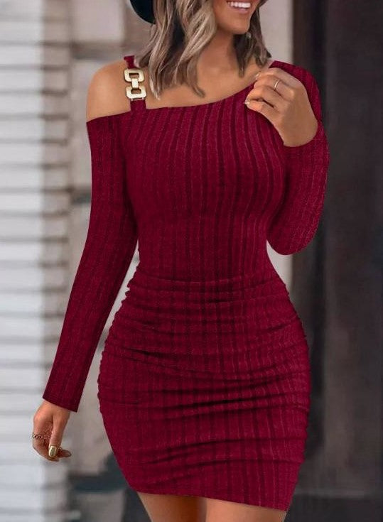 Damen Figurbetontes Strickkleid mit asymmetrischem Schulterdesign und dekorativen Akzenten R&B