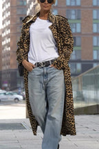 R&B | Leoparden Revers Lockerer Langer Trenchcoat