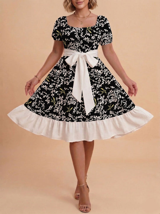 Damen Midikleid mit verspieltem Druck und tailliertem Schnitt R&B