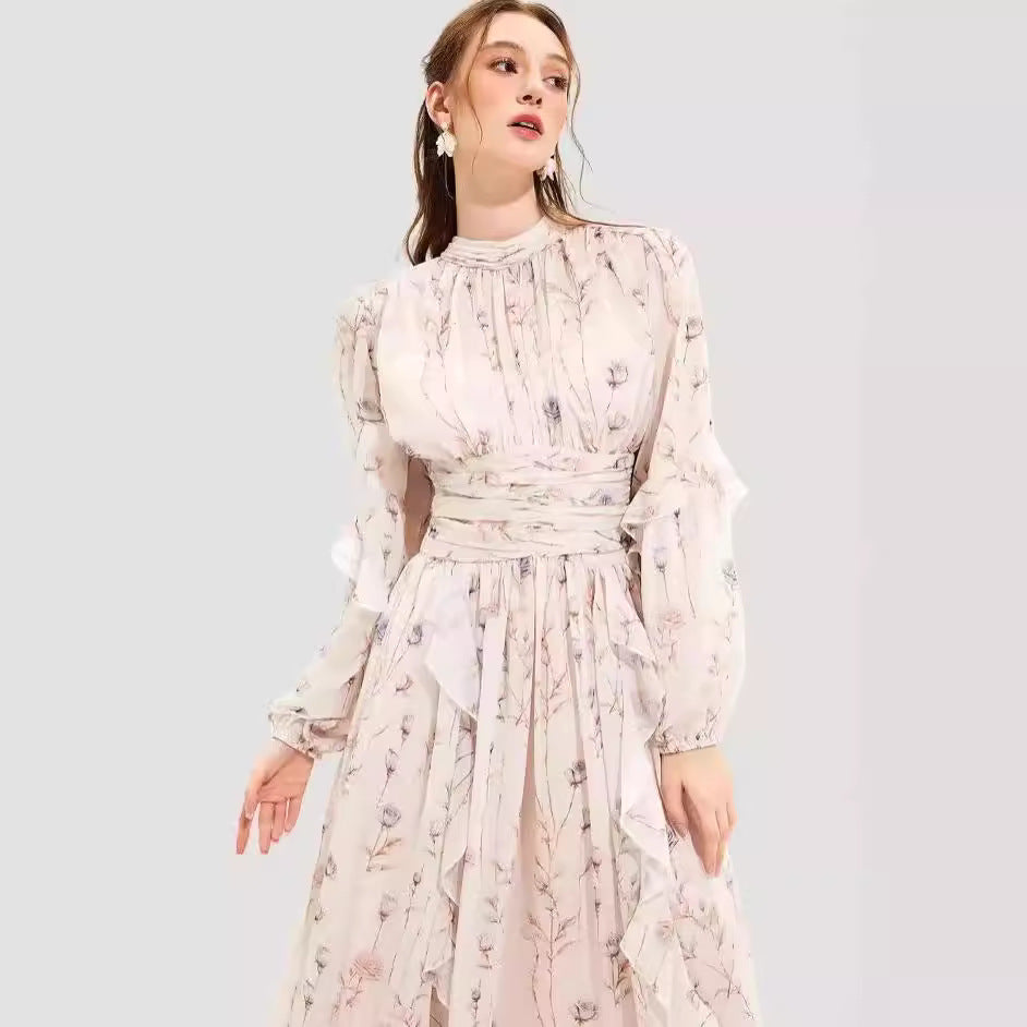 Damen Midi-Kleid mit floralen Stickereien und elegantem Rüschensaum R&B