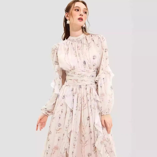 Damen Midi-Kleid mit floralen Stickereien und elegantem Rüschensaum R&B