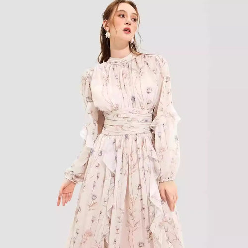 Damen Midi-Kleid mit floralen Stickereien und elegantem Rüschensaum R&B
