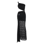 Damen Elegantes Maxikleid mit asymmetrischem Design und Spitzenverarbeitung R&B