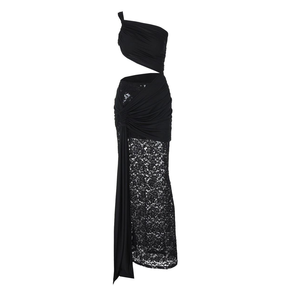 Damen Elegantes Maxikleid mit asymmetrischem Design und Spitzenverarbeitung R&B