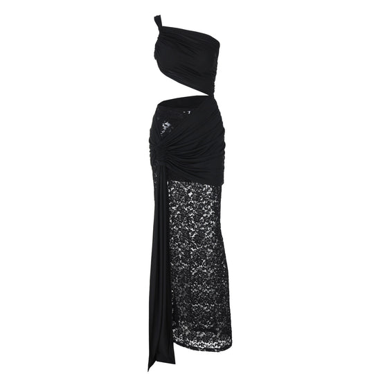 Damen Elegantes Maxikleid mit asymmetrischem Design und Spitzenverarbeitung R&B