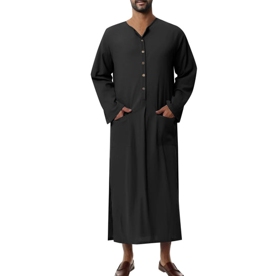 Herren nan weites langes Tunika-Kaftan aus atmungsaktivem Leinen mit Stehkragen Knopfblende und aufgesetzten Taschen R&B