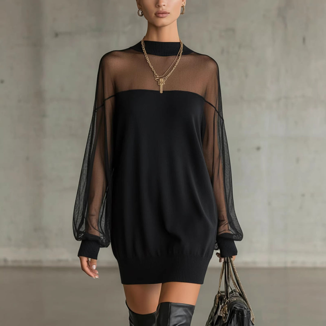 Damen Luftiges Minikleid mit transparenten Ärmelpartien und stylischem Highneck R&B