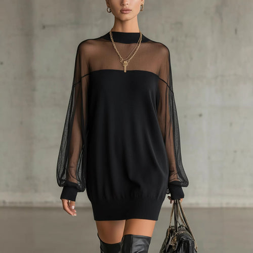 Damen Luftiges Minikleid mit transparenten Ärmelpartien und stylischem Highneck R&B
