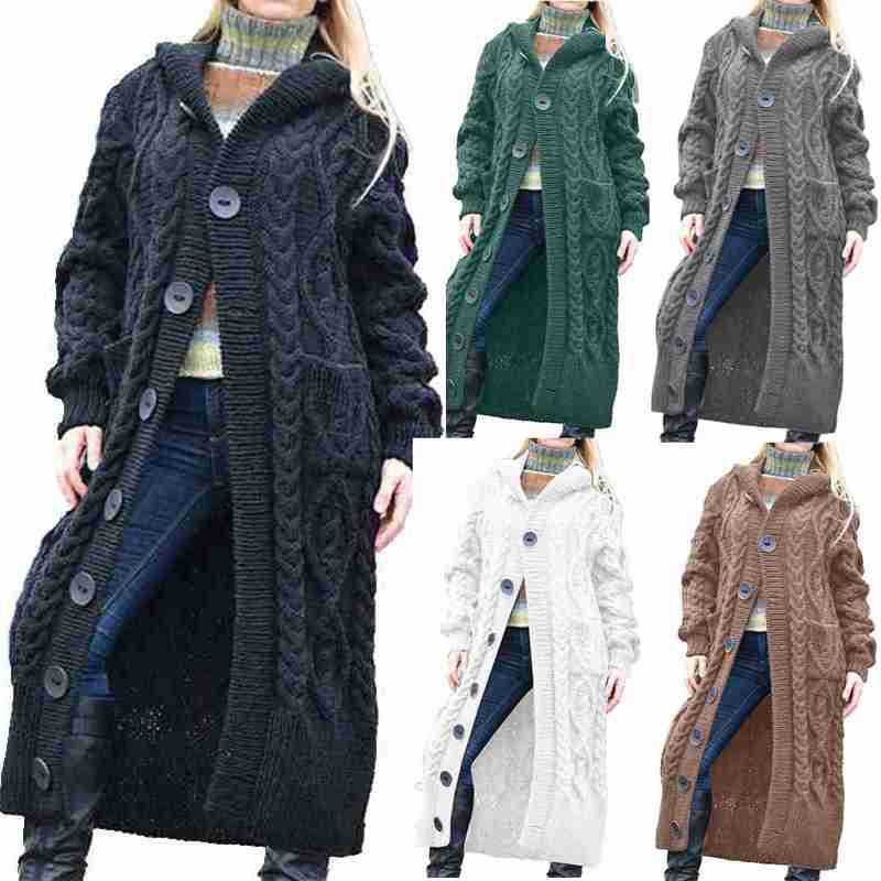 Damen Strickmantel mit Kapuze und Kabelmuster