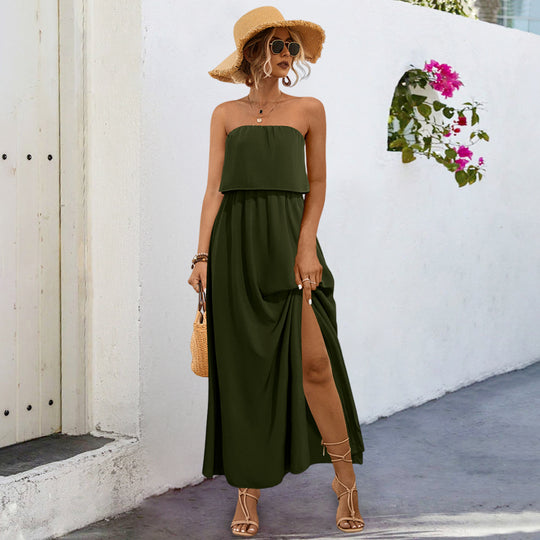 Damen Maxikleid mit trägerlosem Design und seitlichem Schlitz R&B