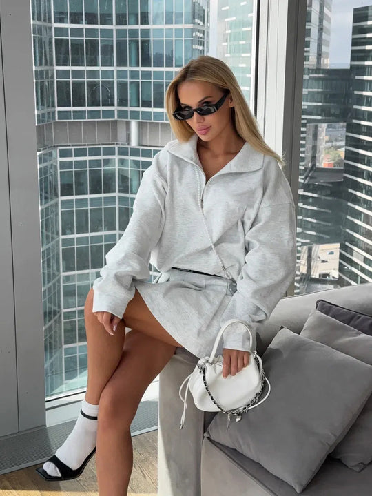 Damen sportlicher Pullover mit Kordelzug und Reißverschluss R&B