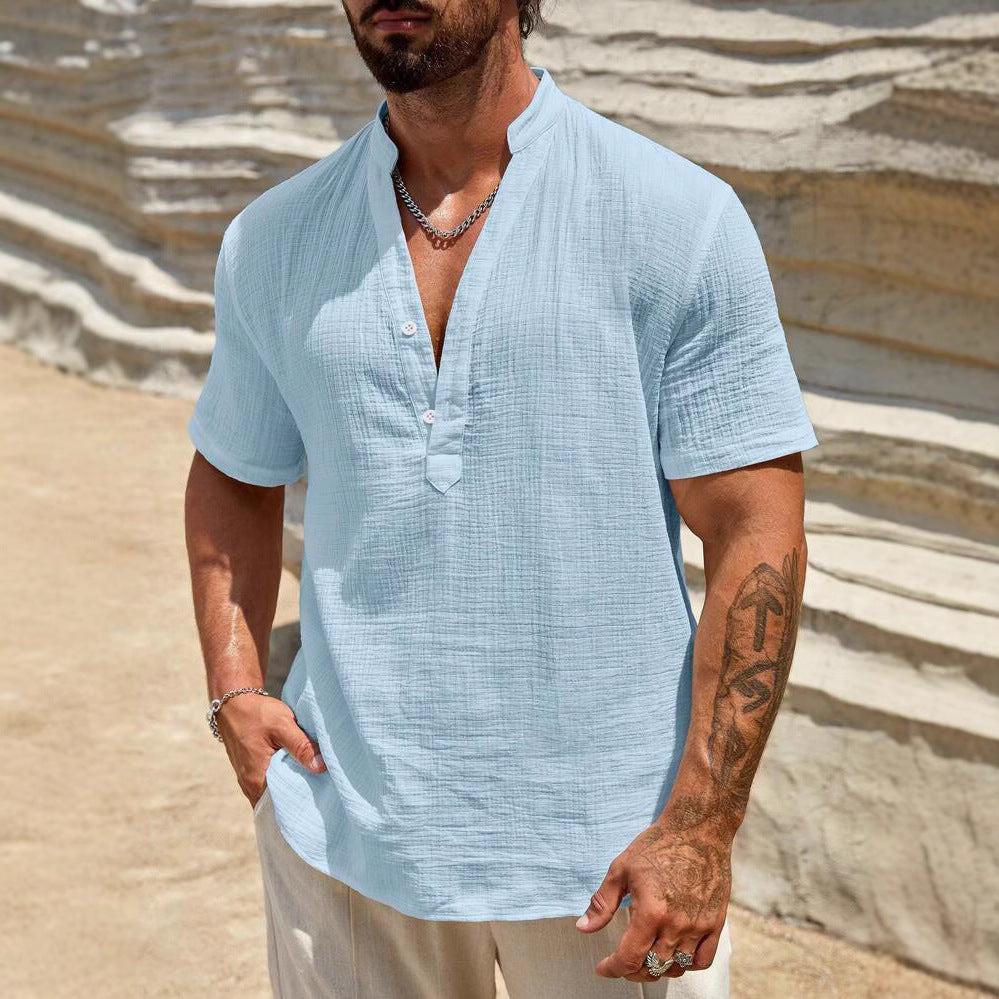 Herren Kurzarm Henley Hemd mit modernem Stehkragen aus leichtem Baumwollmaterial R&B
