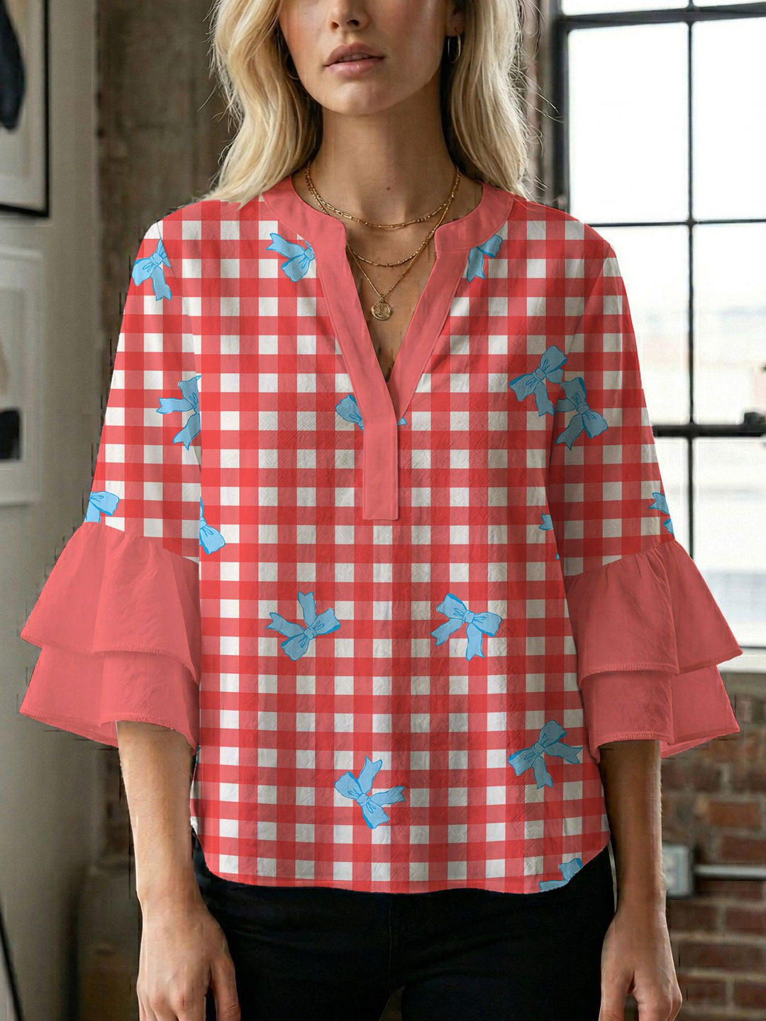 Damen Blusenshirt mit voluminösen Ärmeln und kreativem Druckdesign R&B