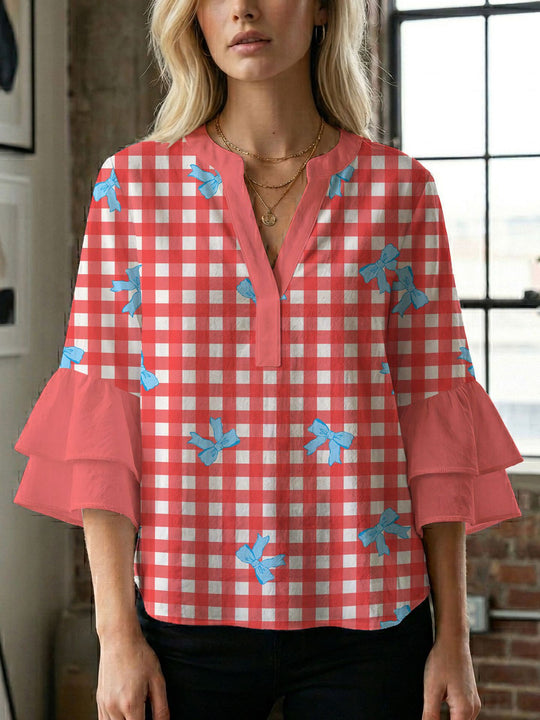 Damen Blusenshirt mit voluminösen Ärmeln und kreativem Druckdesign R&B