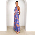Damen Maxikleid mit elegantem Halterneck und buntem floralen Design R&B