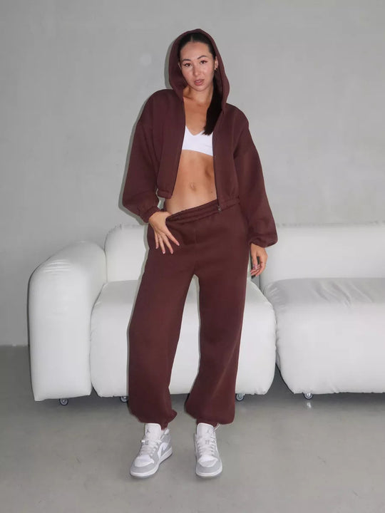 Damen lässiges Sweater-Set aus cropped Hoodie und bequemer Hose mit elastischem Bund R&B
