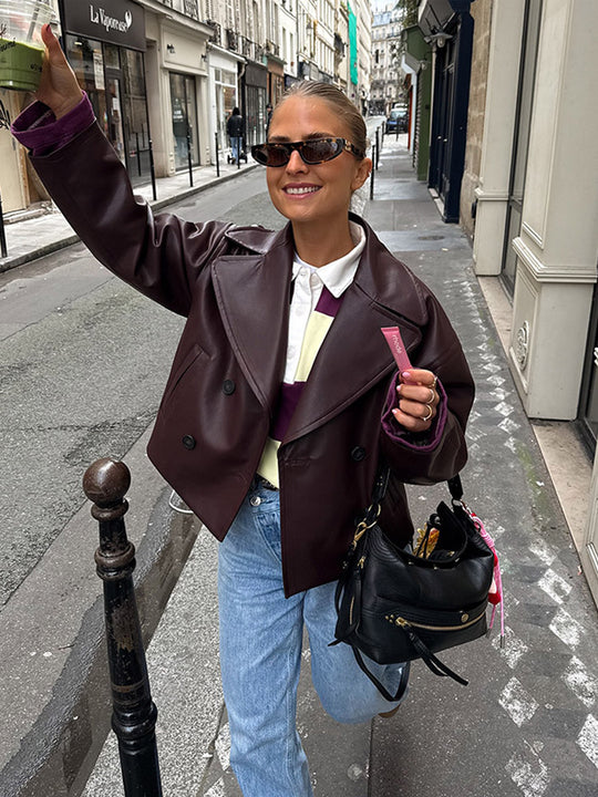 Damen modische Kunstlederjacke mit doppelter Knopfleiste R&B